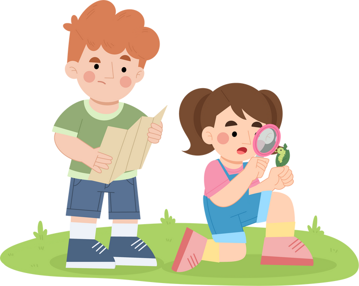 Boy and girl treasure hunt cartoon illustration